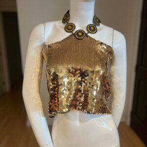 Y2K D & G DOLCE & GABBANA HALTER GOLD SEQUIN TOP SIZE L LARGE
